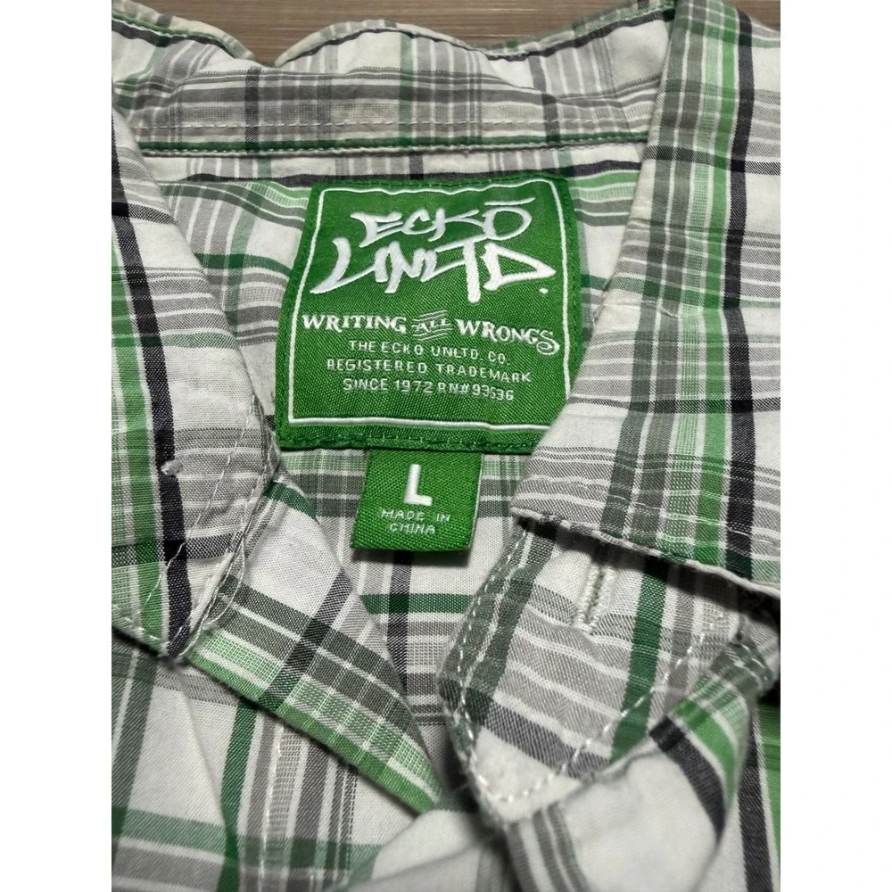 Ecko Unltd Plaid Button Down Shirt Mens Large Green White Cotton Long Sleeve Y2K